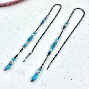 Vintage Threader Earrings Turquoise Color Faux Pearl Beads Dark Silver Tone Y2K